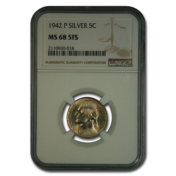 1942-P Silver Jefferson Nickel MS-68 NGC (FS) 1942-P Silver Jefferson Nickel MS-68 NGC (FS)