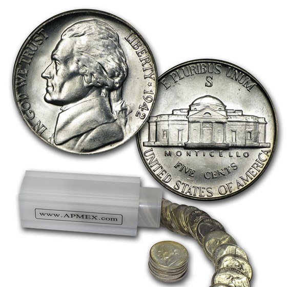 1942-S 35% Silver Wartime Jefferson Nickel Roll BU 1942-S 35% Silver Wartime Jefferson Nickel Roll BU