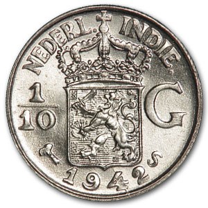 1942-S Netherlands East Indies Silver 1/10 Gulden BU 1942-S Netherlands East Indies Silver 1/10 Gulden BU