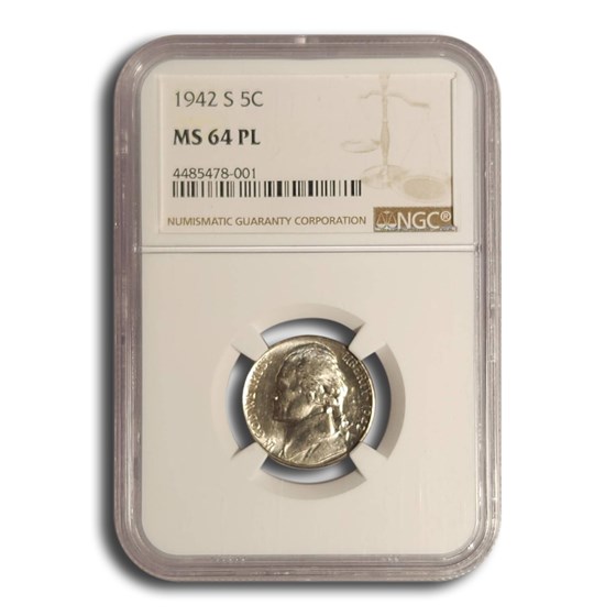 1942-S Silver Jefferson Nickel MS-64 PL NGC 1942-S Silver Jefferson Nickel MS-64 PL NGC