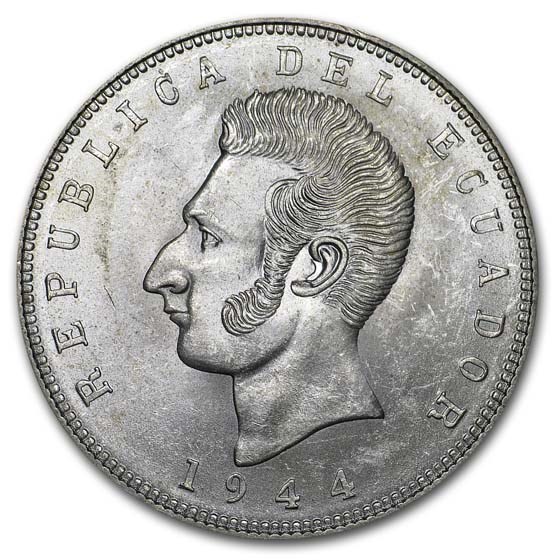1943-1944 Ecuador Silver 5 Sucres BU 1943-1944 Ecuador Silver 5 Sucres BU