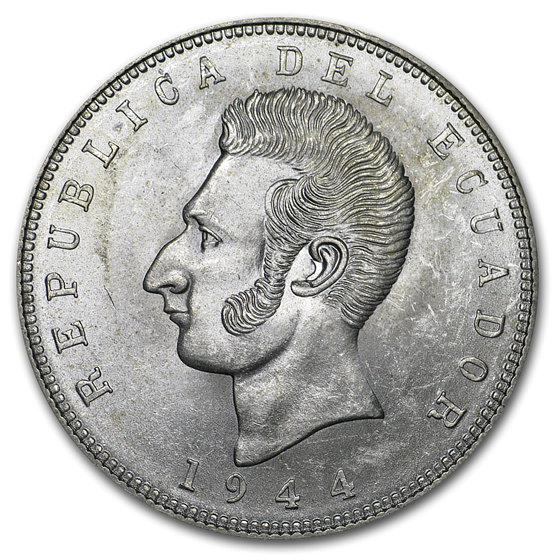 1943-1944 Ecuador Silver 5 Sucres BU 1943-1944 Ecuador Silver 5 Sucres BU