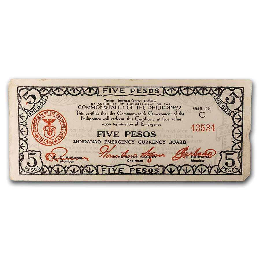 1943-1944 Philippines Guerilla Currency 5 Pesos Note VF