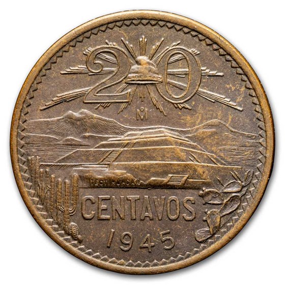 1943-1955 Mexico 20 Centavos Pyramid of the Sun Avg Circ 1943-1955 Mexico 20 Centavos Pyramid of the Sun Avg Circ