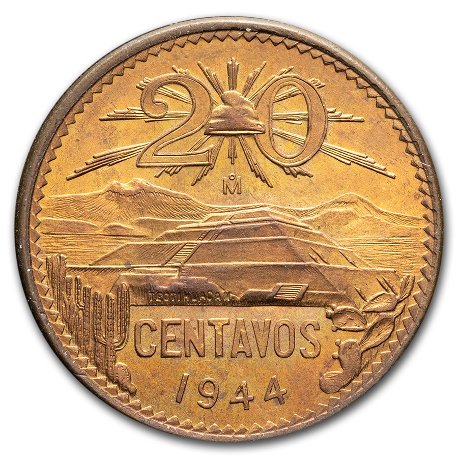 1943-1955 Mexico 20 Centavos Pyramid of the Sun BU