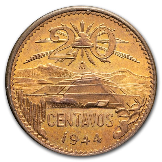 1943-1955 Mexico 20 Centavos Pyramid of the Sun BU 1943-1955 Mexico 20 Centavos Pyramid of the Sun BU