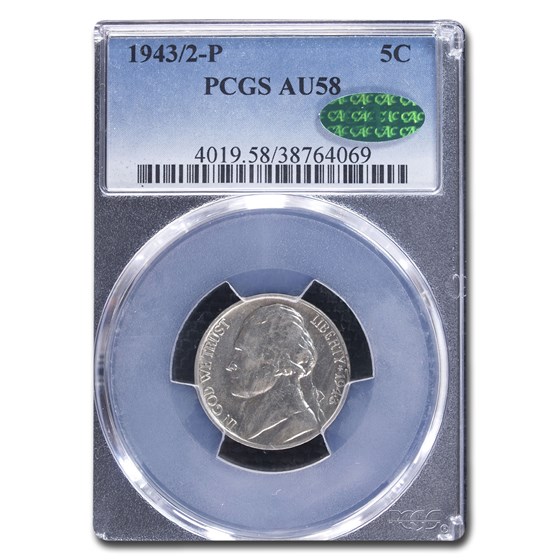 1943/2 Silver Jefferson Nickel AU-58 PCGS CAC 1943/2 Silver Jefferson Nickel AU-58 PCGS CAC