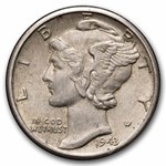 1943-D Mercury Dime 50-Coin Roll Avg Circ