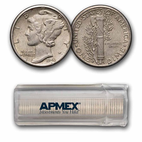1943-D Mercury Dime 50-Coin Roll Avg Circ