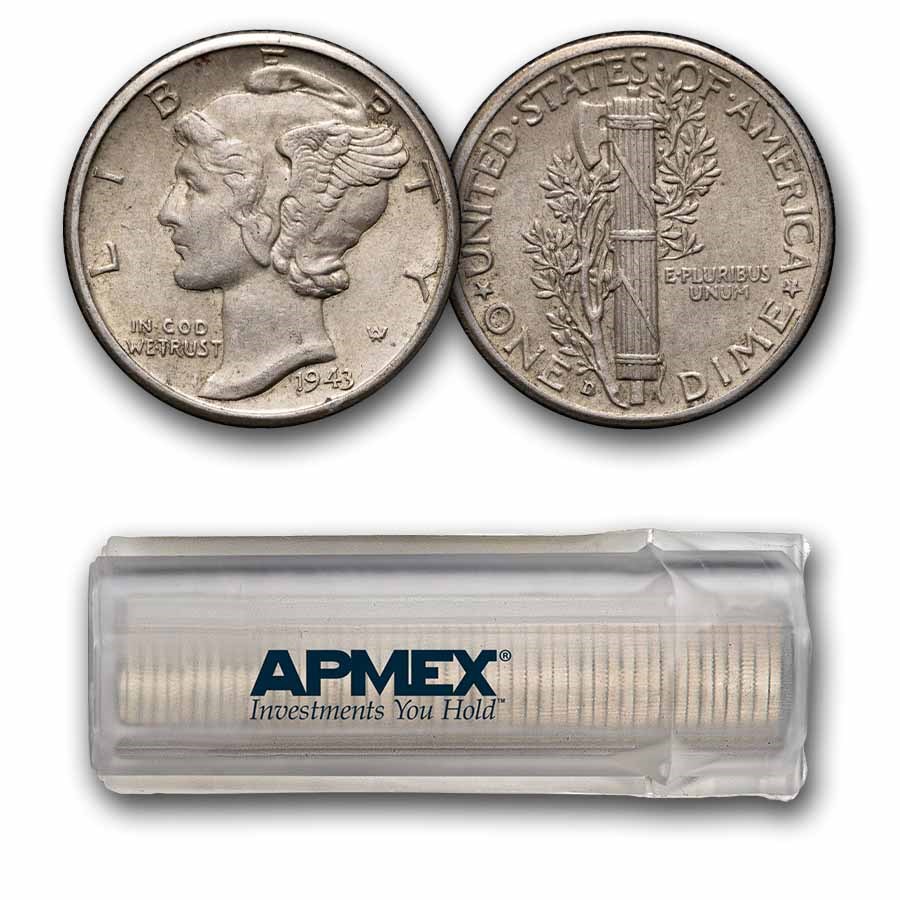 1943-D Mercury Dime 50-Coin Roll Avg Circ