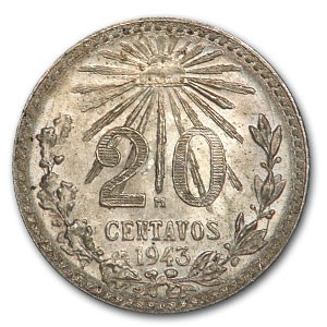 1943 Mexico Silver 20 Centavos BU 1943 Mexico Silver 20 Centavos BU
