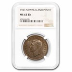 1943 New Zealand Bronze 1 Penny Tui Bird George VI MS-62 NGC