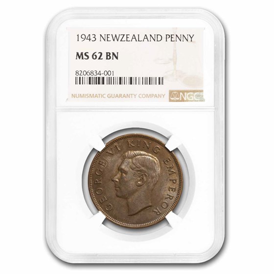 1943 New Zealand Bronze 1 Penny Tui Bird George VI MS-62 NGC 1943 New Zealand Bronze 1 Penny Tui Bird George VI MS-62 NGC