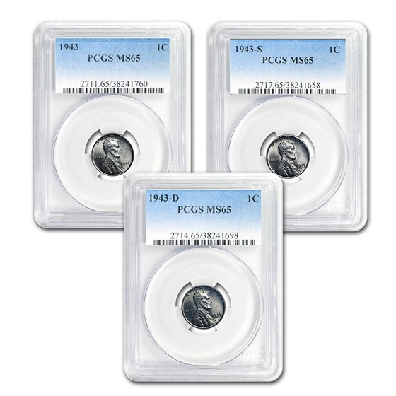 1943 P-D-S Lincoln Cent 3-Coin Set MS-65 PCGS 1943 P-D-S Lincoln Cent 3-Coin Set MS-65 PCGS