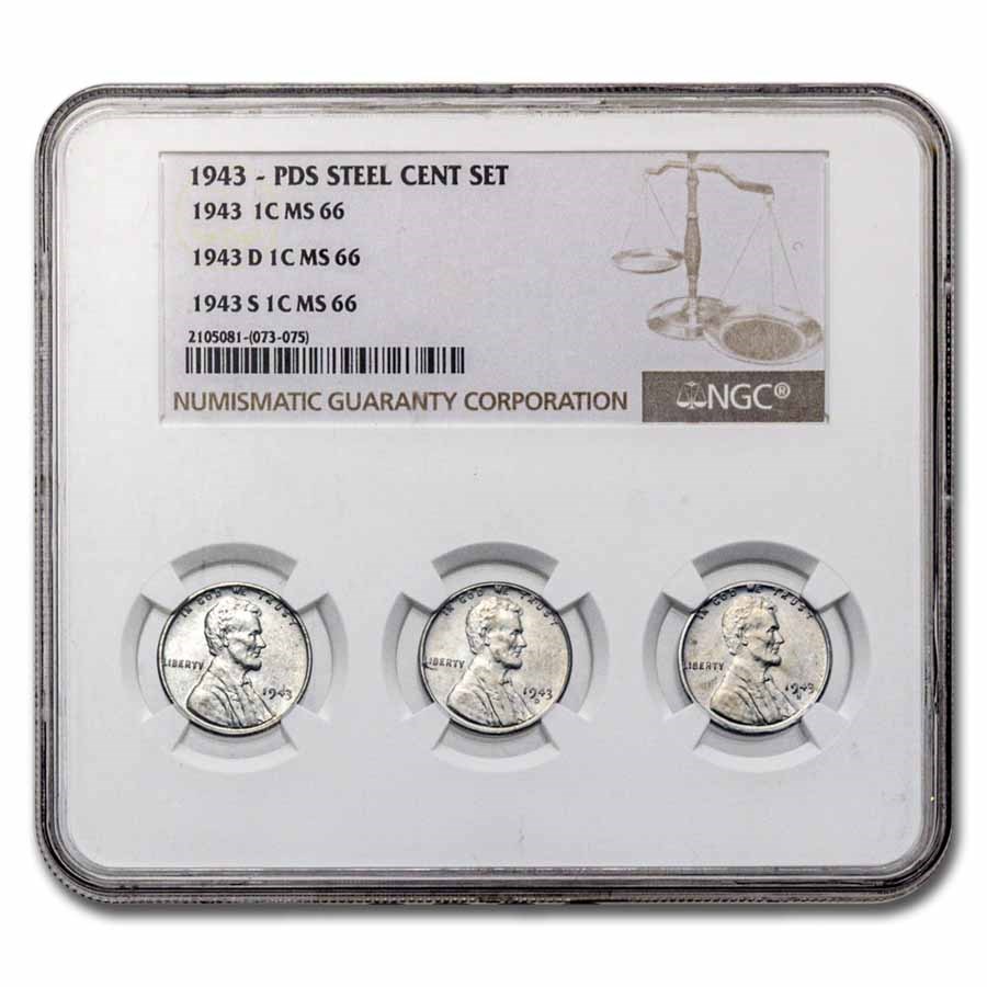 1943 P-D-S Lincoln Cent 3-Coin Set MS-66 NGC (3 Coin Slab)