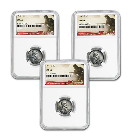 1943 P-D-S Lincoln Cent 3-Coin Set MS-66 NGC (75th Anniversary) 1943 P-D-S Lincoln Cent 3-Coin Set MS-66 NGC (75th Anniversary)
