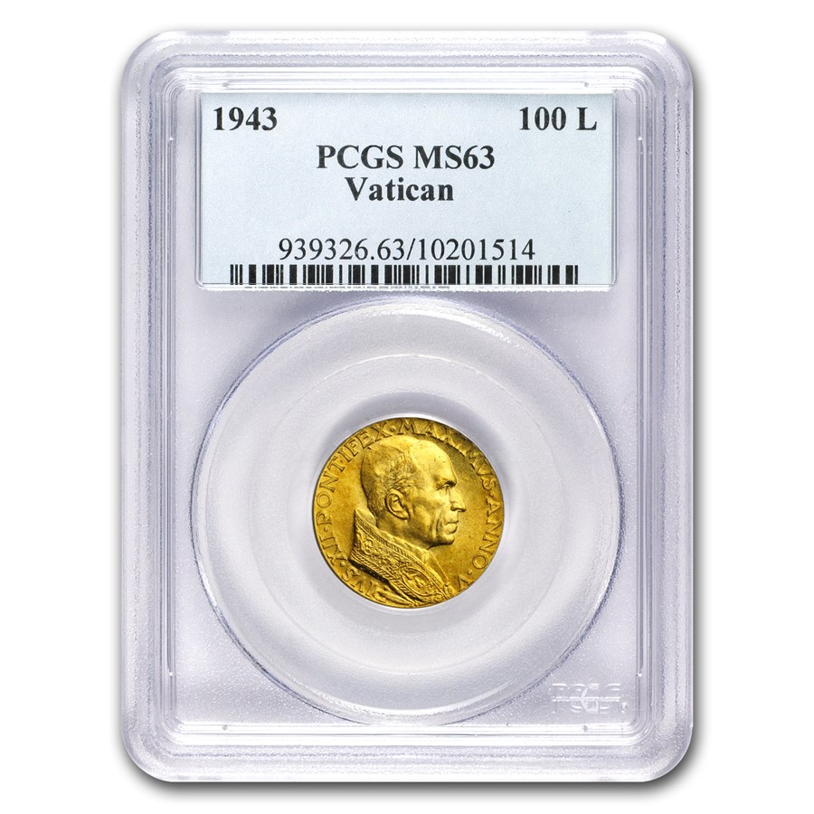 1943 Vatican City Gold 100 Lire Pope Pius XII MS-63 PCGS