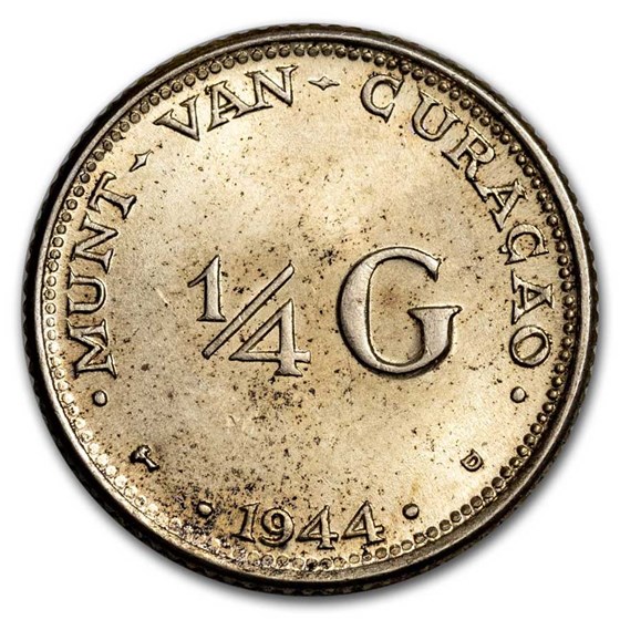 1944-1947 Curacao Silver 1/4 Gulden Wilhelmina AU/BU 1944-1947 Curacao Silver 1/4 Gulden Wilhelmina AU/BU