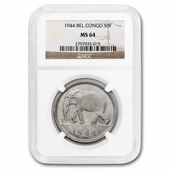 1944 Belgian Congo Silver 50 Francs MS-64 NGC 1944 Belgian Congo Silver 50 Francs MS-64 NGC