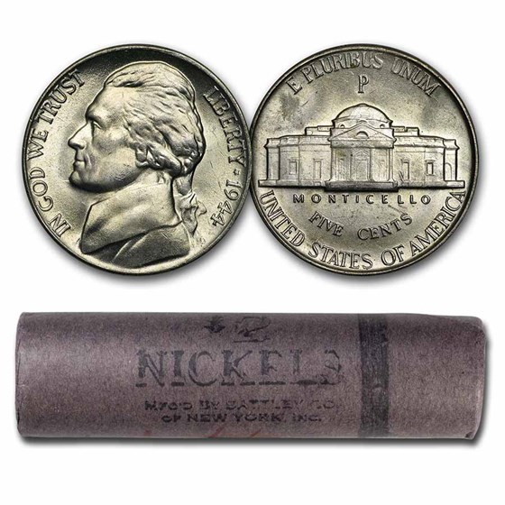 1944-P 35% Silver Jefferson Nickel 40-Coin Roll BU (Bank Wrapped) 1944-P 35% Silver Jefferson Nickel 40-Coin Roll BU (Bank Wrapped)