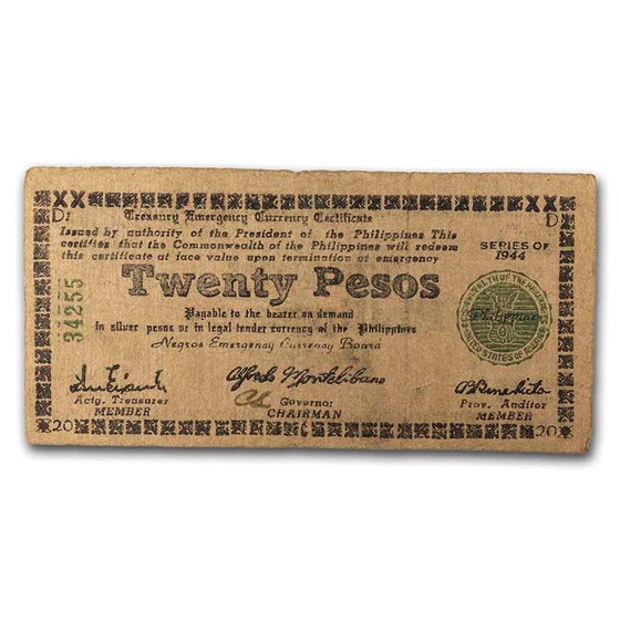 1944 Philippines Guerilla Currency 20 Pesos Note VF