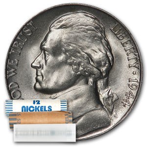 1944-S 35% Silver Wartime Jefferson Nickel Roll BU 1944-S 35% Silver Wartime Jefferson Nickel Roll BU