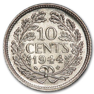 1944-S Netherlands Silver 10 Cents Wilhelmina AU