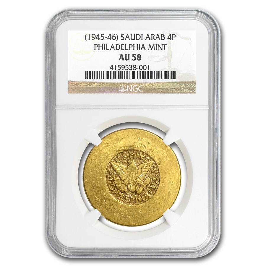1945-46 Saudi Arabia Gold 4 Pounds ARAMCO U.S. Mint AU-58 NGC
