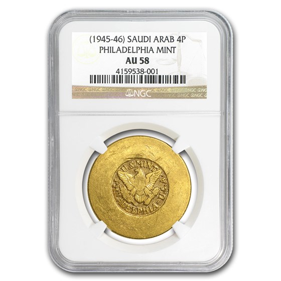 1945-46 Saudi Arabia Gold 4 Pounds ARAMCO U.S. Mint AU-58 NGC