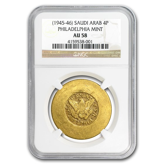 1945-46 Saudi Arabia Gold 4 Pounds ARAMCO U.S. Mint AU-58 NGC 1945-46 Saudi Arabia Gold 4 Pounds ARAMCO U.S. Mint AU-58 NGC