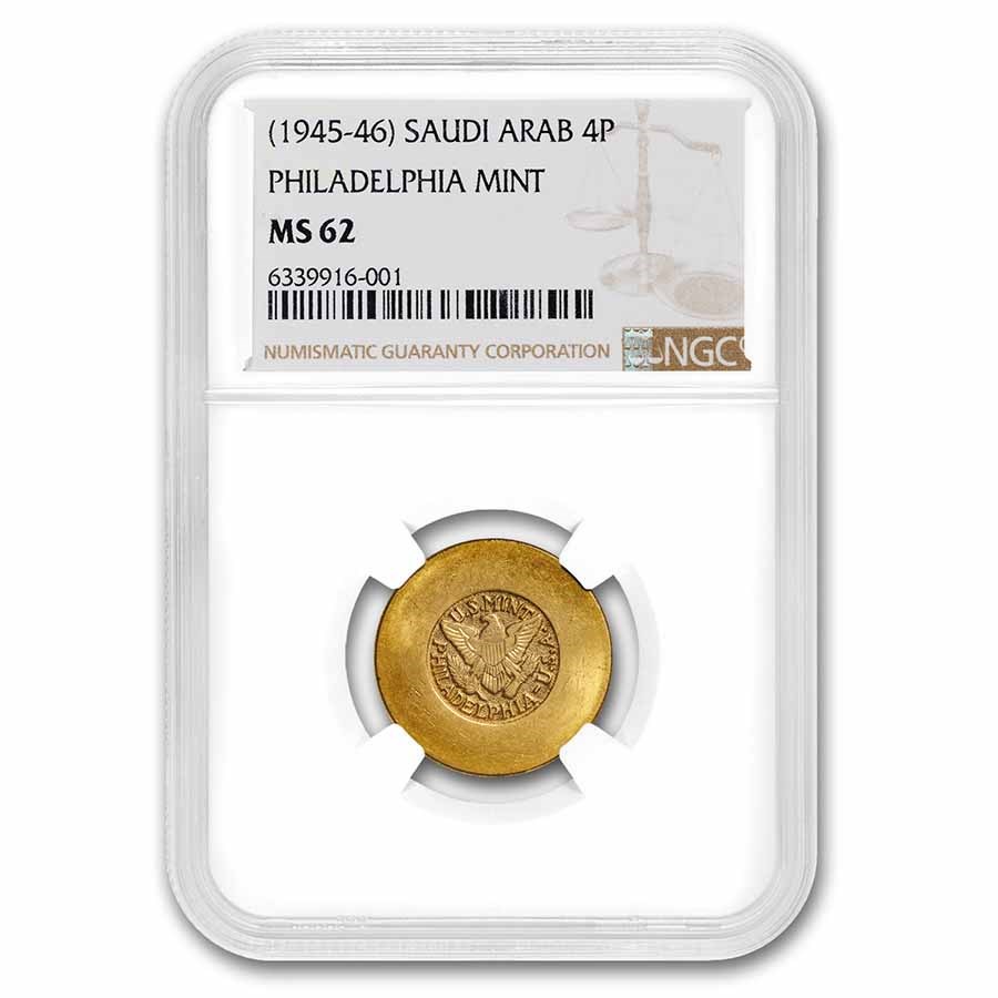 1945 Saudi Arabia Gold 4 Pound ARAMCO Philadelphia Mint MS-62 NGC