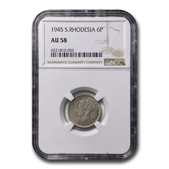 1945 Southern Rhodesia Silver Sixpence AU-58 NGC 1945 Southern Rhodesia Silver Sixpence AU-58 NGC