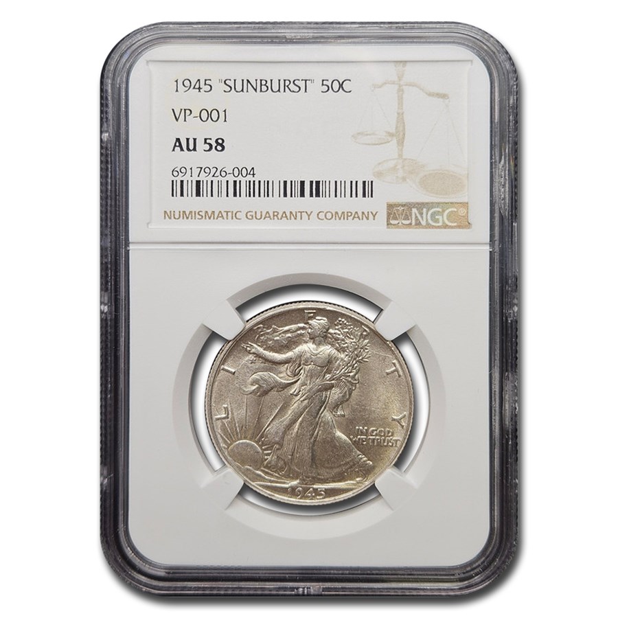 1945 Walking Liberty Half Dollar AU-58 NGC ('SUNBURST' VP-001)