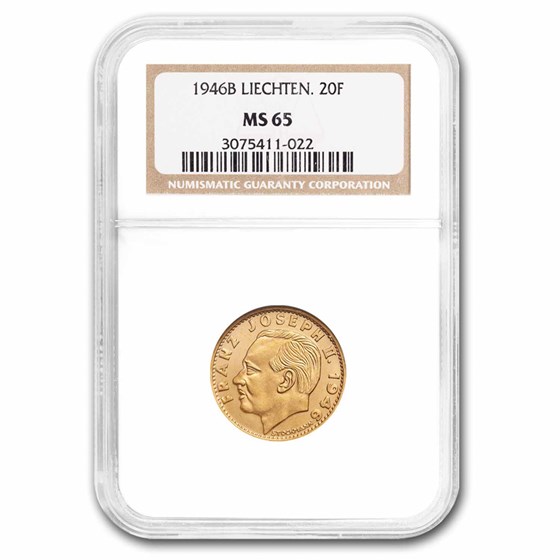 1946-B Liechtenstein Gold 20 Franken MS-65 NGC 1946-B Liechtenstein Gold 20 Franken MS-65 NGC