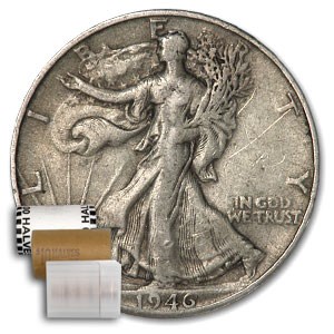 1946-D Walking Liberty Halves 20-Coin Roll Avg Circ