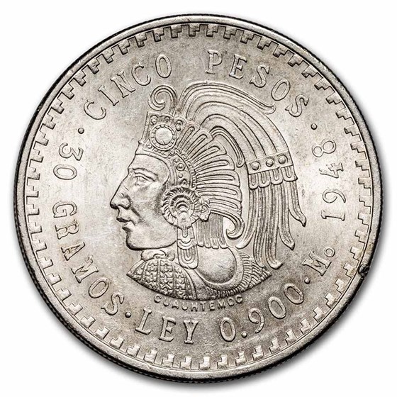 Buy 1947-1948 Mexico Silver 5 Pesos Cuauhtemoc AU | APMEX