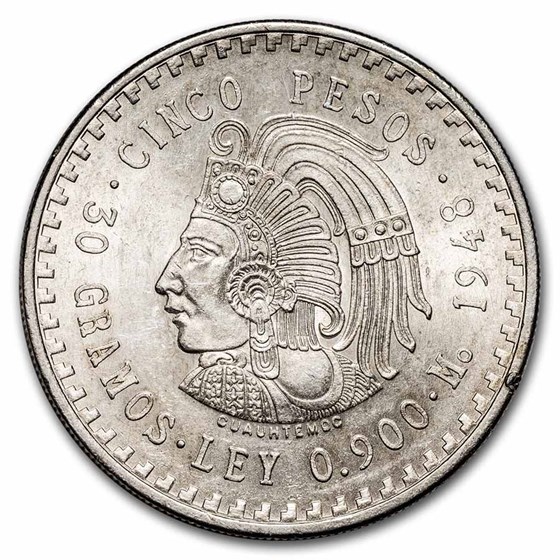 1947-1948 Mexico Silver 5 Pesos Cuauhtemoc AU 1947-1948 Mexico Silver 5 Pesos Cuauhtemoc AU