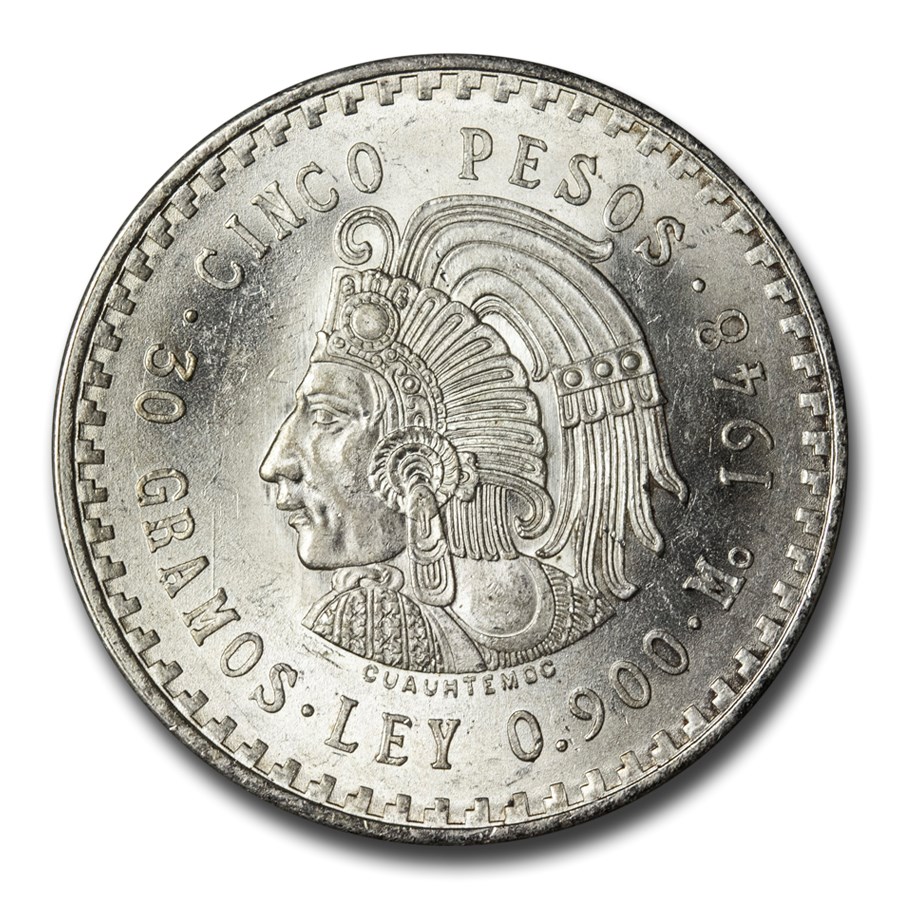 1947-1948 Mexico Silver 5 Pesos Cuauhtemoc BU