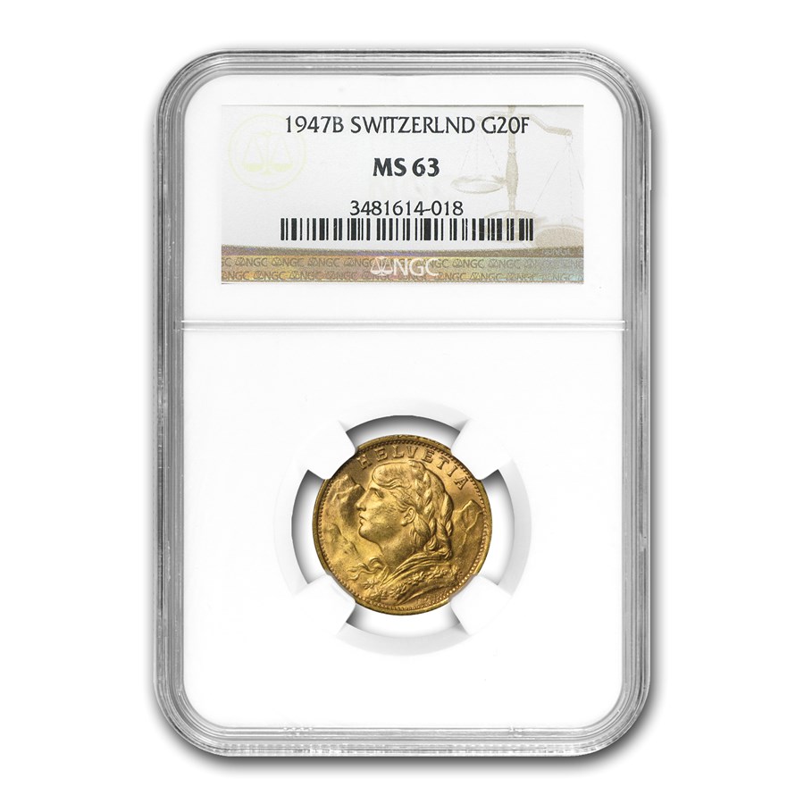 Buy 1947-1949 Switzerland Gold 20 Francs MS-63 NGC (Random) | APMEX