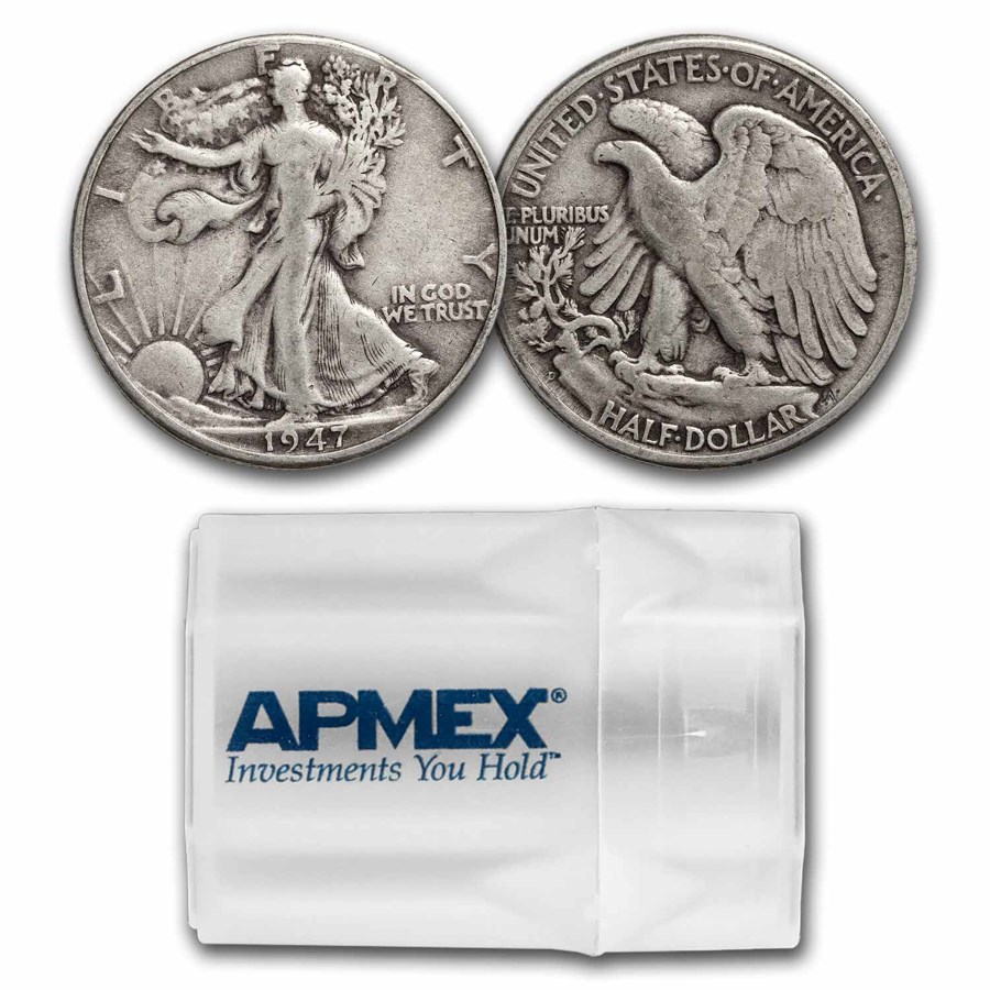 1947-D Walking Liberty Halves 20-Coin Roll Avg Circ