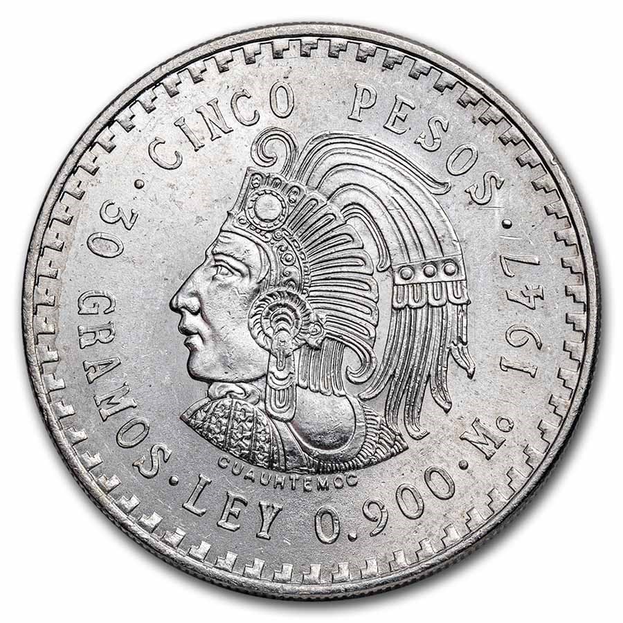 1947 Mexico Silver 5 Pesos Cuauhtemoc BU