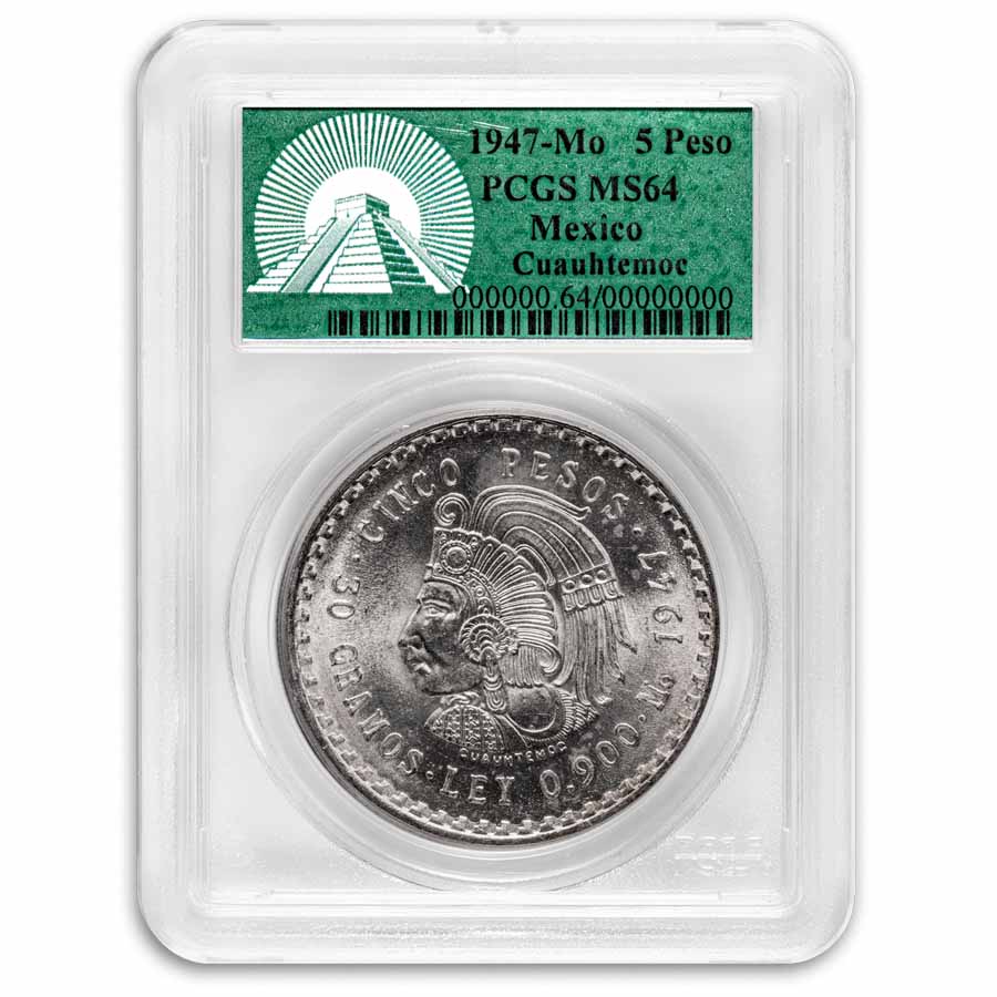 Buy 1947 Mexican Silver 5 Pesos Cuauhtemoc MS-64 (Green Label) | APMEX