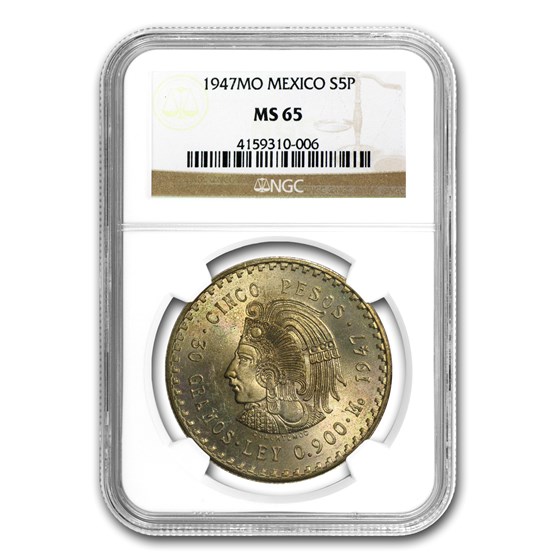 1947 Mexico Silver 5 Pesos Cuauhtemocs MS-65 NGC 1947 Mexico Silver 5 Pesos Cuauhtemocs MS-65 NGC