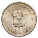 1947-S Philippines Silver Peso Gen Douglas MacArthur AU