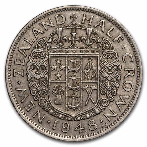 1948-1951 New Zealand Copper-Nickel 1/2 Crown George VI AU 1948-1951 New Zealand Copper-Nickel 1/2 Crown George VI AU