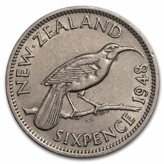 1948-1952 New Zealand Copper-Nickel 6 Pence George VI Avg Circ 1948-1952 New Zealand Copper-Nickel 6 Pence George VI Avg Circ