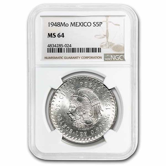 1948 Mexico Silver 5 Pesos Cuauhtemoc MS-64 NGC 1948 Mexico Silver 5 Pesos Cuauhtemoc MS-64 NGC