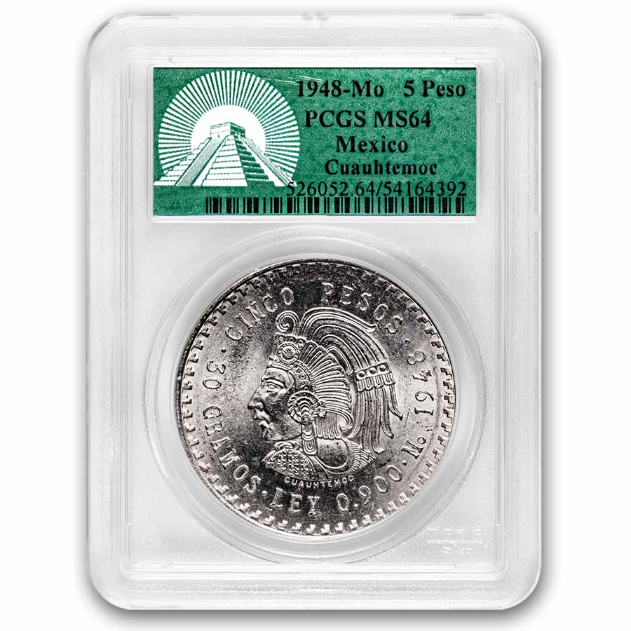 Buy 1948 Mexican Silver 5 Pesos Cuauhtemoc MS-64 PCGS (Green) | APMEX