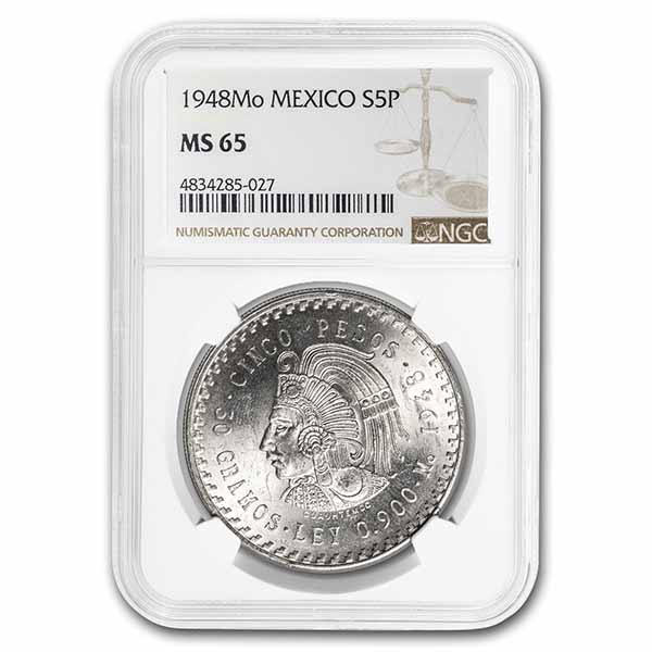 Buy 1948 Mexican Silver 5 Pesos Cuauhtemoc MS-65 NGC | APMEX