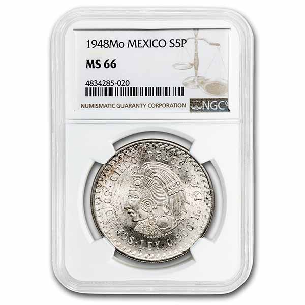 Buy 1948 Mexico Silver 5 Pesos Cuauhtemoc MS-66 NGC | APMEX